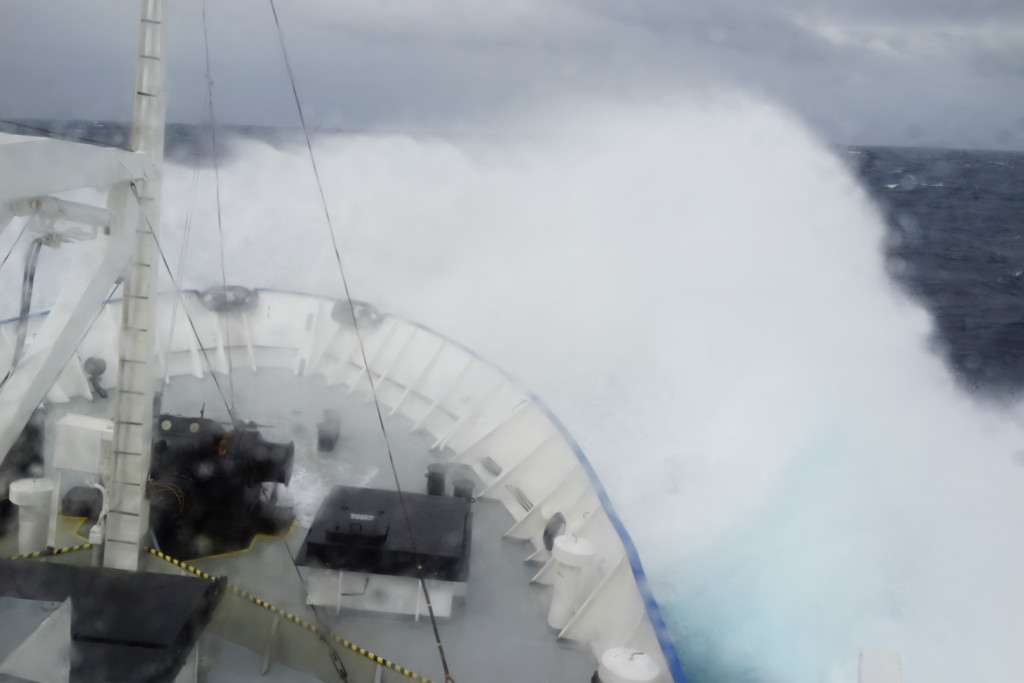 Taking a big spray over the bow on a rough day